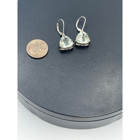 DK 925 Designer Sterling Silver Trillion Cut Green Amethyst Leverback Earrings - Picture 2 of 10